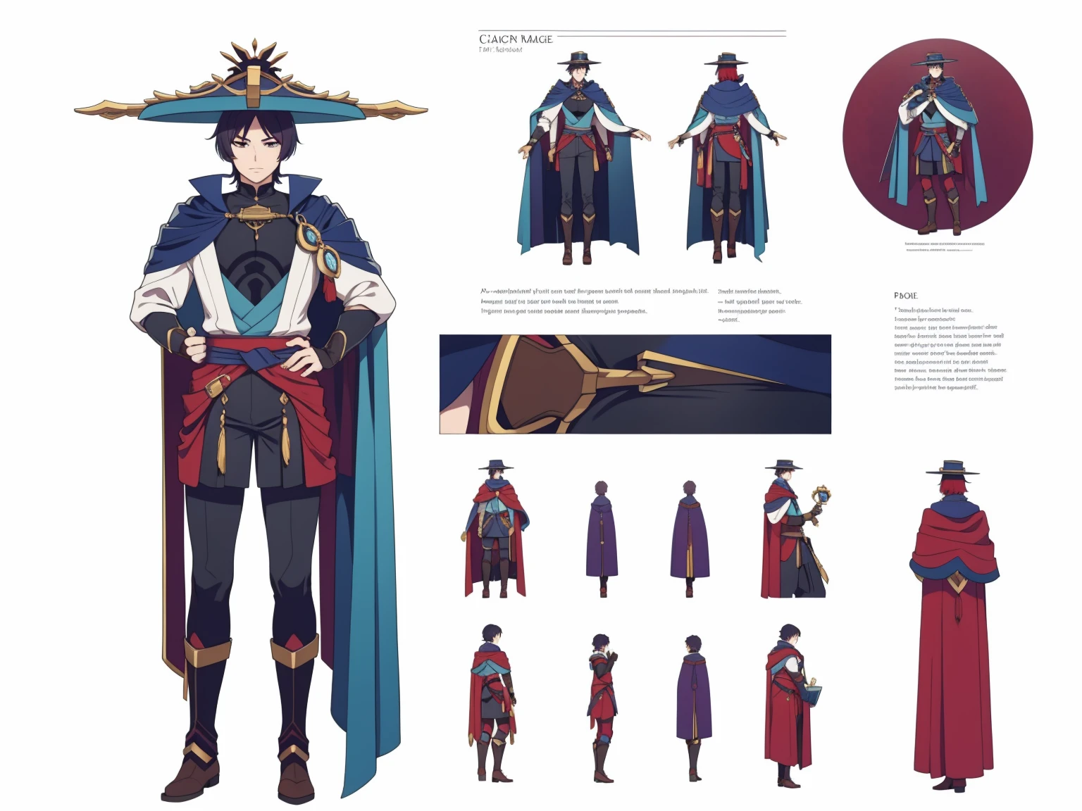 Scaramouche (Back cape)Big hat, Cape, (shiny red Metal armor1.0), Body armor, shoulder pads (shiny red armor:1.0)Sfw, (Wanderer:1.0)Thin, fit, 1boy, solo, male focus, looking at viewer, upper body,  hair, realistic, hat, default clothing, wanderer clothing, (character design sheet, full body, front, side, back), Illustration, environment change, pose (simple background, white background: 1.0)