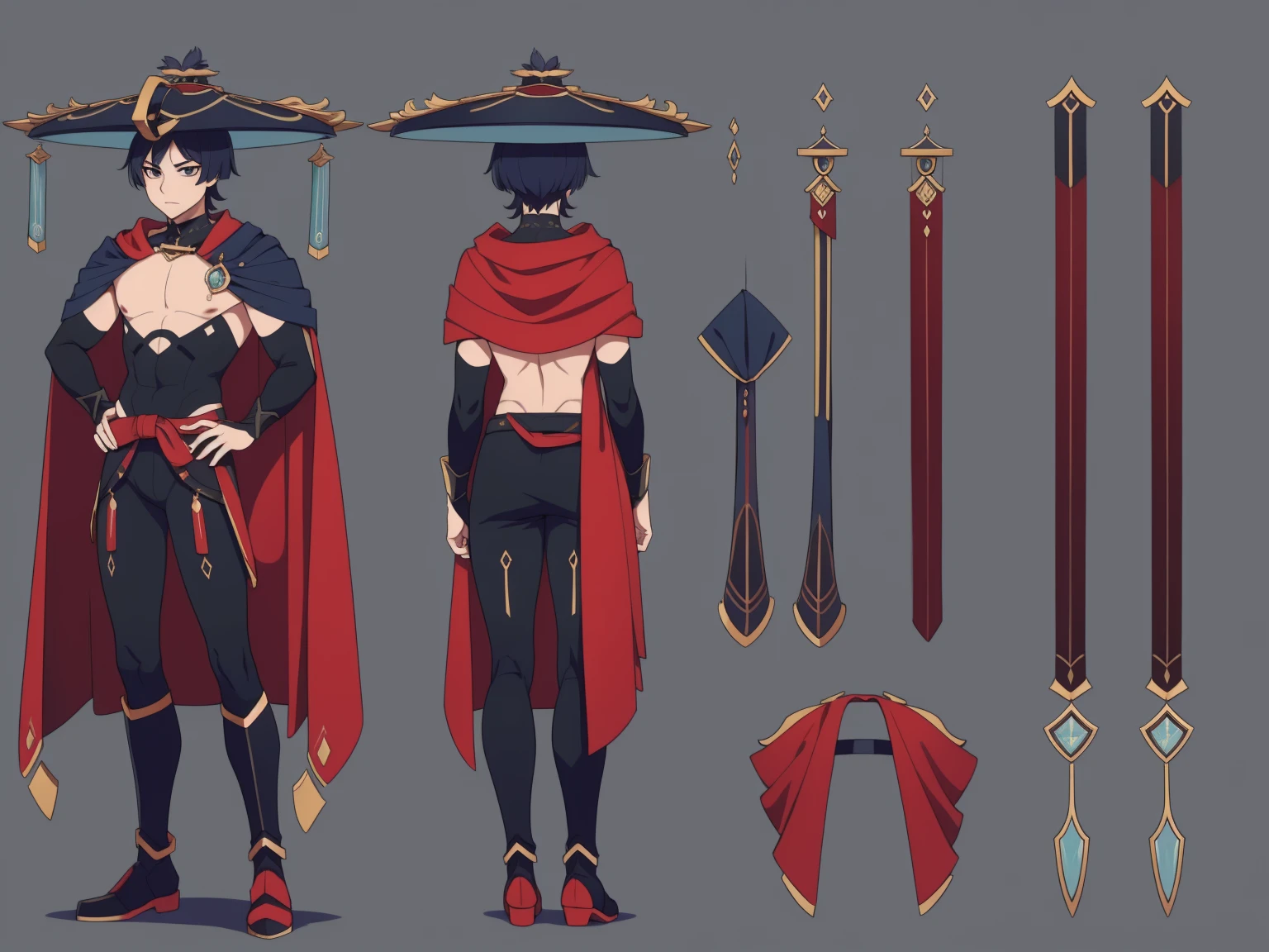 Scaramouche (Back cape)Big hat, Cape, (shiny red Metal armor1.0), Body armor, shoulder pads (shiny red armor:1.0)Sfw, (Wanderer:1.0)Thin, fit, 1boy, solo, male focus, looking at viewer, upper body,  hair, realistic, hat, default clothing, wanderer clothing, (character design sheet, full body, front, side, back), Illustration, environment change, pose (simple background, white background: 1.0)