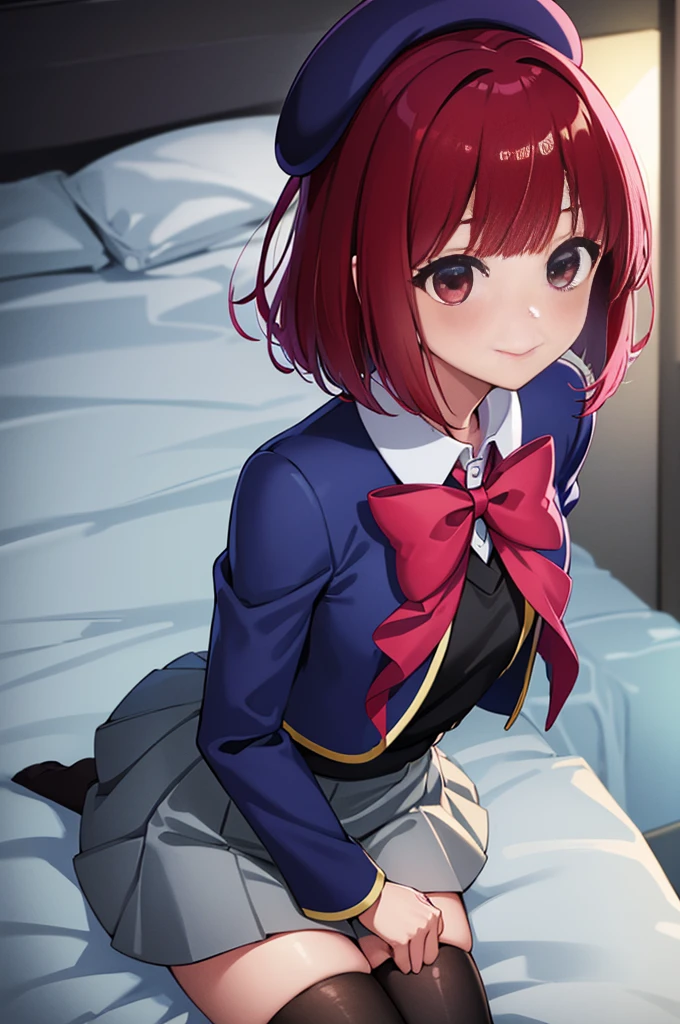((masterpiece)), ((best quality)), (ultra-detailed), ((kawaii)), cute, (lovely),(gleaming skin),from directly above,looking up at viewer, very close to viewers, view straight on, light blush, Wariza, ((seductive smile)), arima kana,aakana,red hair,  short hair, ((hollow eyes)), beret, red eyes, blue headwear, red bowtie, collared shirt, blue jacket, open jacket, long sleeves, grey skirt,black thigh high socks,night,hotel room