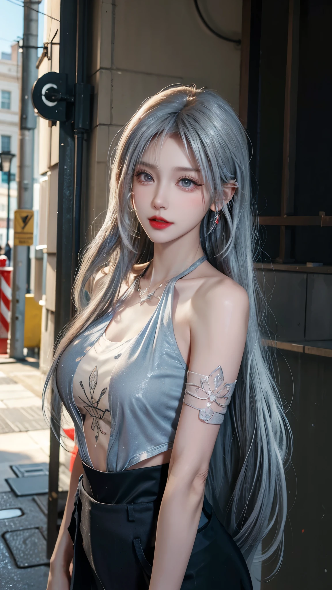 figure, urban beautiful girl college students, masterpiece, Light makeup, Red lips, Silver Hair, Messy long hair, Street background, beautiful, elegant. Extremely fine details, masterpiece, Real Texture, Level lighting realism, Works perfectly, 8K, HD, Exquisite facial features, White off-the-shoulder bodycon top, Transparent White Skinny Shorts, Slim body, Big bright eyes, Smooth skin, earrings, necklace, Tattoo
