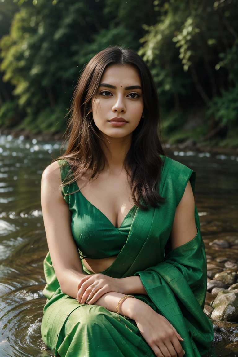 "Create an image of a stunning woman draped in a vibrant green saree, seated gracefully by the tranquil riverbank. Her gaze is fixed on the gentle ripples of the water, lost in contemplation. With one hand delicately supporting her chin, she embodies elegance and poise against the serene backdrop of the flowing river."