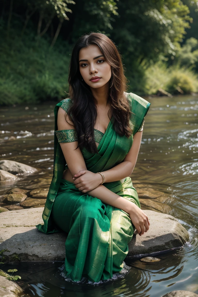 "Create an image of a stunning woman draped in a vibrant green saree, seated gracefully by the tranquil riverbank. Her gaze is fixed on the gentle ripples of the water, lost in contemplation. With one hand delicately supporting her chin, she embodies elegance and poise against the serene backdrop of the flowing river."
