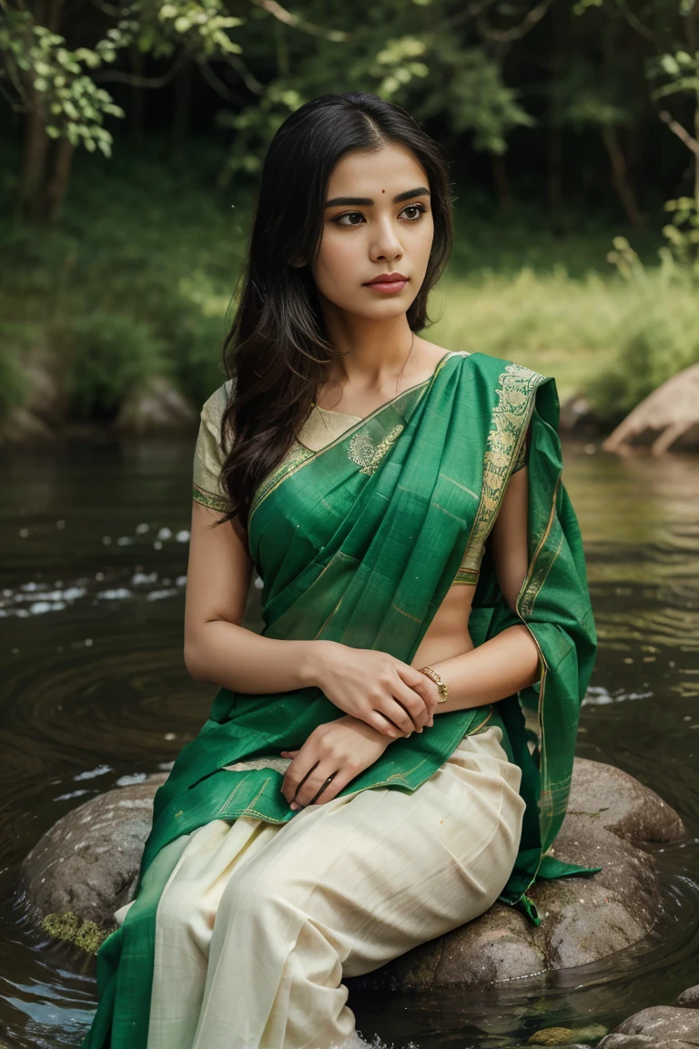 "Create an image of a stunning woman draped in a vibrant green saree, seated gracefully by the tranquil riverbank. Her gaze is fixed on the gentle ripples of the water, lost in contemplation. With one hand delicately supporting her chin, she embodies elegance and poise against the serene backdrop of the flowing river."
