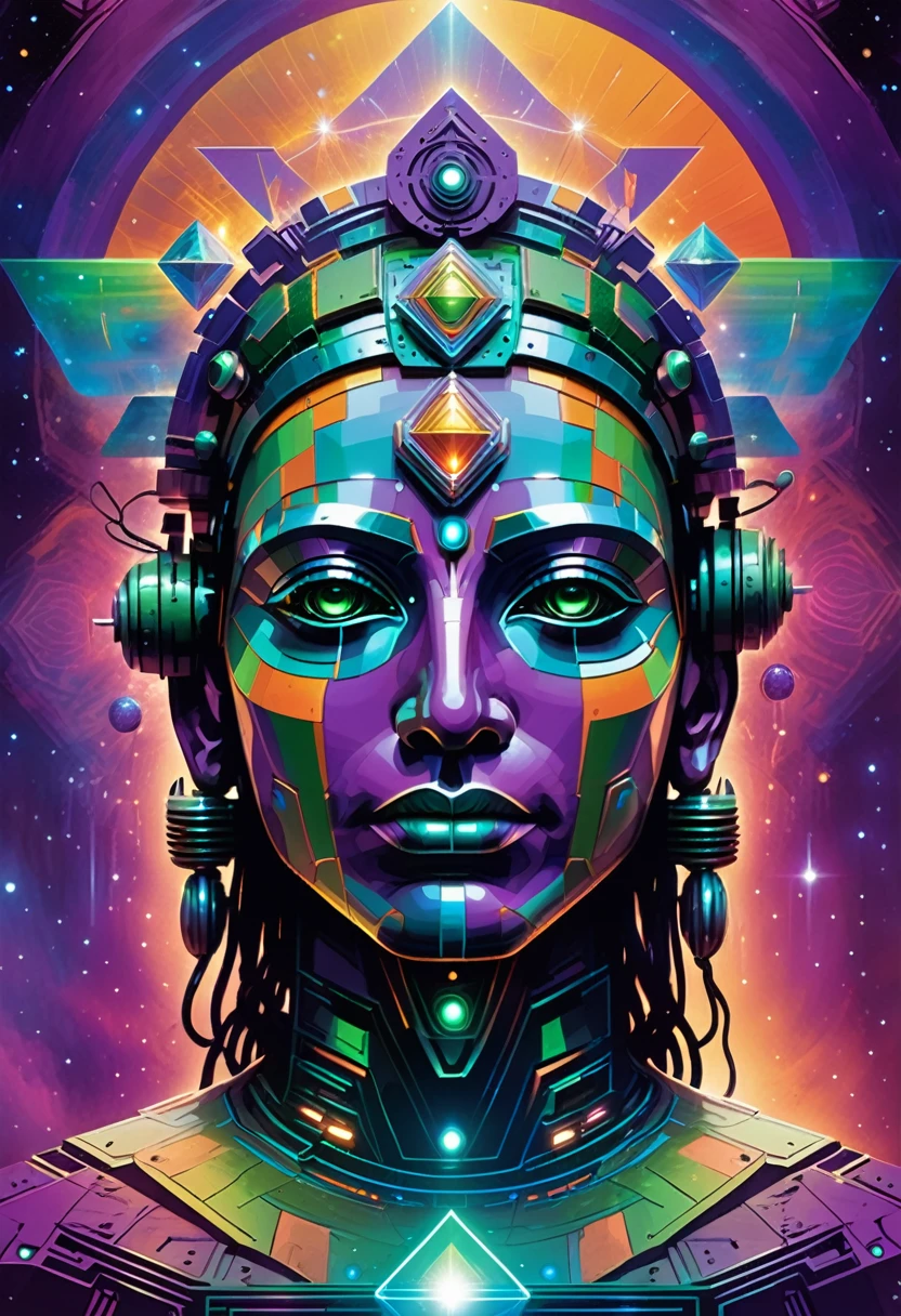 indian robotic face mystical dimensional god seen from the front, futuristic and geometric technology backdrop, spirit, dmr, md, mdma, intergalactic thc, other planets and mirror effects, colors, purple, green, blue and orange.electronic album cover