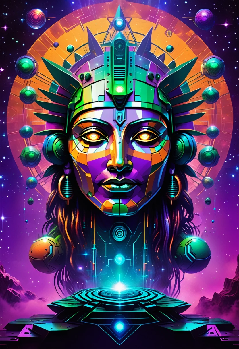 indian robotic face mystical dimensional god seen from the front, futuristic and geometric technology backdrop, spirit, dmr, md, ????, intergalactic thc, other planets and mirror effects, colors, purple, green, blue and orange.electronic album cover