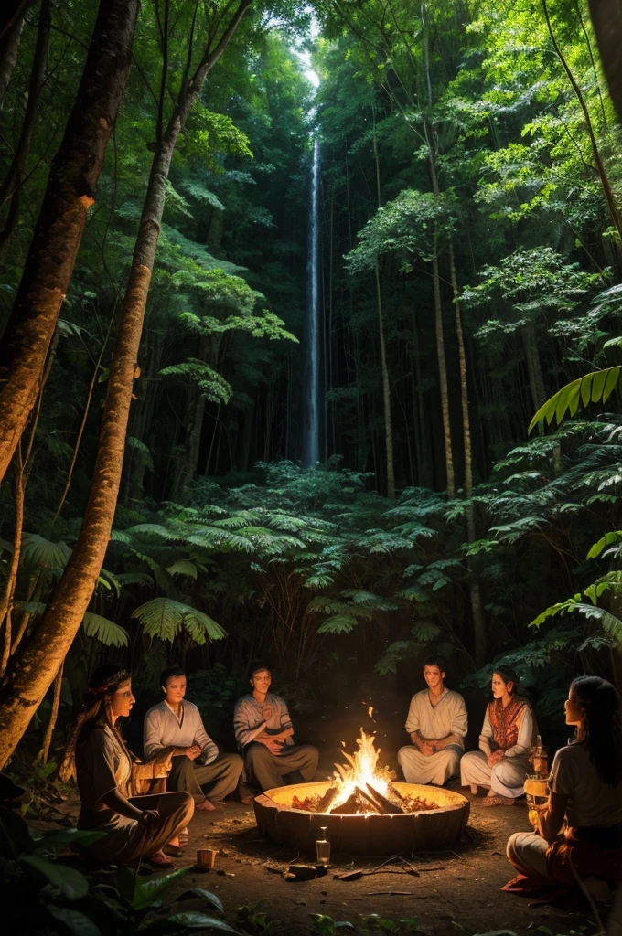 "An Ayahuasca ceremony taking place in the heart of a dense rainforest. A group of people are sitting in a circle around a campfire, in a serene and spiritual environment. Everyone is dressed in traditional clothes, and there is a shaman in the center, holding a bowl of Ayahuasca. The surrounding forest is illuminated by the soft light of the moon and stars, with tall trees and lush vegetation. There is an air of mystery and tranquility, with natural elements like flowers, forest plants and animals composing the scene."