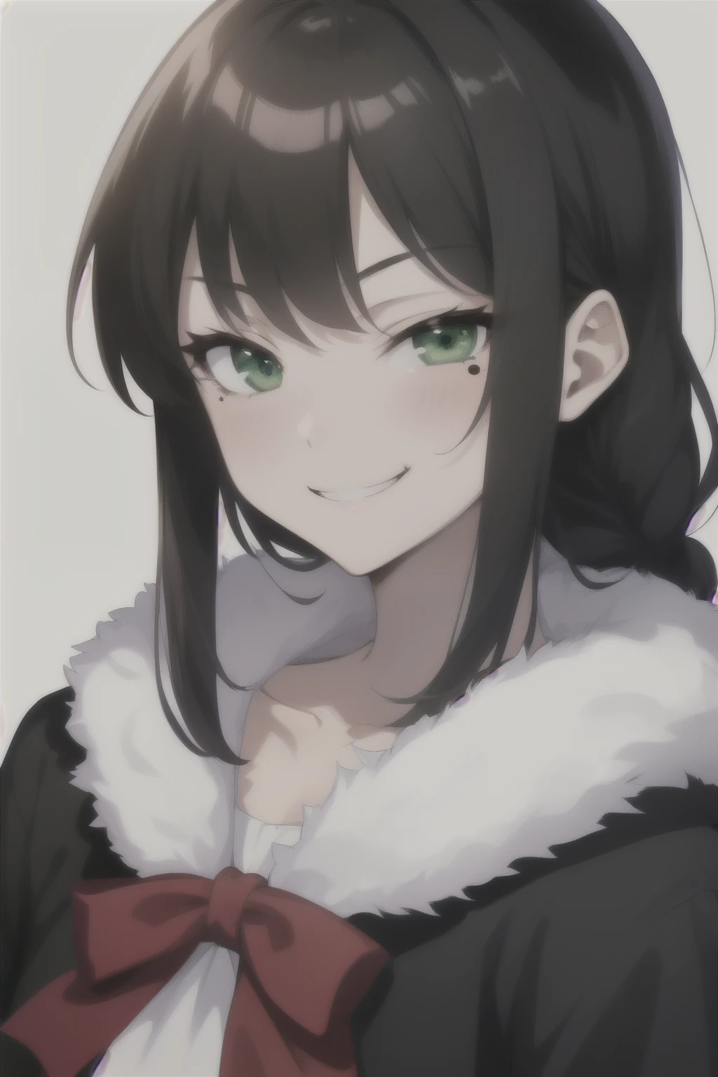 ((best quality)), ((masterpiece)), (finely detail), (white background) anime girl, game_cg, bishoujo, anime style, adult, 1girl, darkbrown hair, long hair, big hair, single braid, ルーズサイドテール, hair over shoulder, hair tie near neck below ears, black uchikake, white fur-lined shawl, deep green eyes, smirk, ((smug)) doyagao, arrogant smile, naughty face, half-closed eyes, mole under eye, 30 years old girl