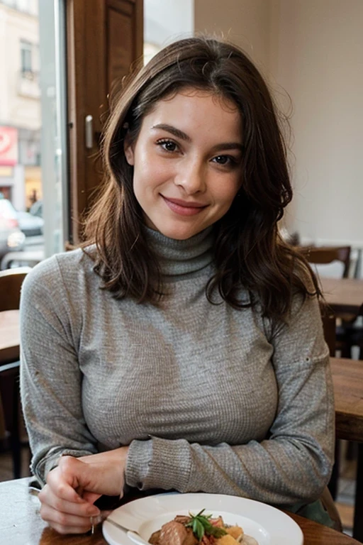Beautiful woman, Scrawny, healthy, happy expression, satisfied with the body, dressed in jeans and a cold coat and wearing a turtleneck underneath, fashionable clothes of the year 2024, ela está em Maison de La Truffe um restaurante chic em Paris, posing for a photo sitting on the chair near her table with a typical French dish, chestnut velouté with duck foie gras, and smiling, Photo to post on Instagram, face detailed, gorgeous eyes, beautiful lips, detailed hair, athletic body, natural lighting, dynamic pose, clean background, swirly vibrant colors, cinematic lighting, high qualiy, photorrealistic, chic, dynamic, mighty