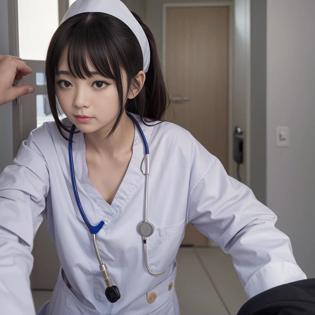 (Small nurse's cap, In underwear,Ass、Black Hair、Big Ass、Inside the hospital、White string panties、White bra、Knee-high socks)、Extremely sexy、Glamorous Body、smile、Professional Lighting、Impressive body curves、Beautiful adult woman、Captivating thighs、Very large breasts、Cleavage、Cowboy Shot