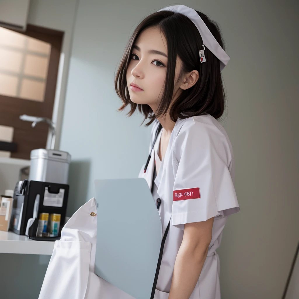 (Small nurse's cap, In underwear,Ass、Black Hair、Big Ass、Inside the hospital、White string panties、White bra、Knee-high socks)、Extremely sexy、Glamorous Body、smile、Professional Lighting、Impressive body curves、Beautiful adult woman、Captivating thighs、Very large breasts、Cleavage、Cowboy Shot