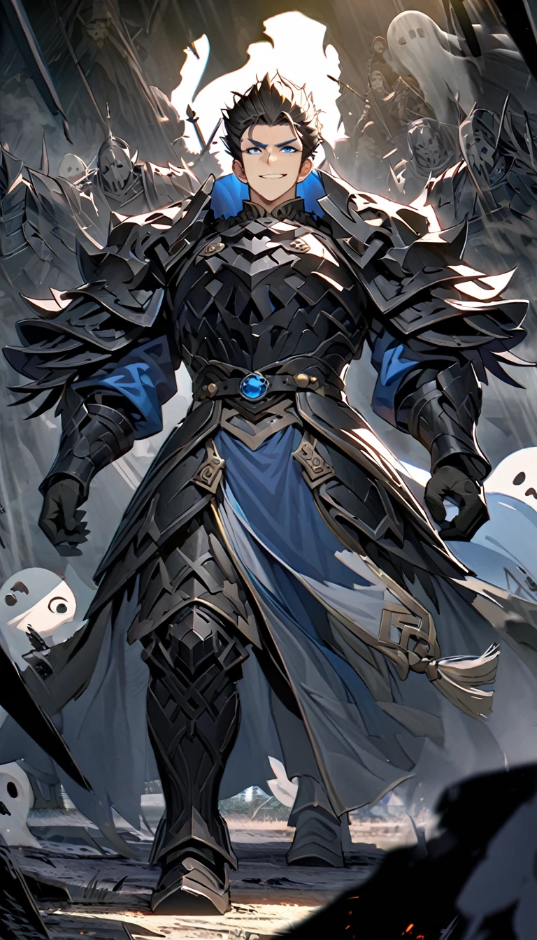 male black shadow ghost knight walking away from a battlefield, shadow, black, A quiet and charming young man, 30 years old, smile, gag, Portrait, Highly detailed face, 寒さとsmile, ((blue eyes)), ((ผมสั้นblack)), [Thick eyebrows], Black Knight Armor (เกราะblackล้วน) , ผ้าคลุมขนสัตว์black(Masterpiece,best quality,special, (Broad shoulders)) (muscle), male focus, Hand Held Weapons (Crescent repeater),Lipo,Fang Tian Hua Ji,High quality, สมจริงเป็นspecial,nonsense, height, Very detailed, HDR, Masterpiece, ใบหน้าและดวงตาที่มีรายVery detailed,ผม Quiff blackสั้นมี Soft Fringe, handsome , muscle, Facial expressions,อัศวินชุดblack, ghost knight, full body view, Facing the front, shadow อัศวิน, blue eyesเรืองแสง, black smoke, dark, Masterpiece, Masterpiece lighting ,