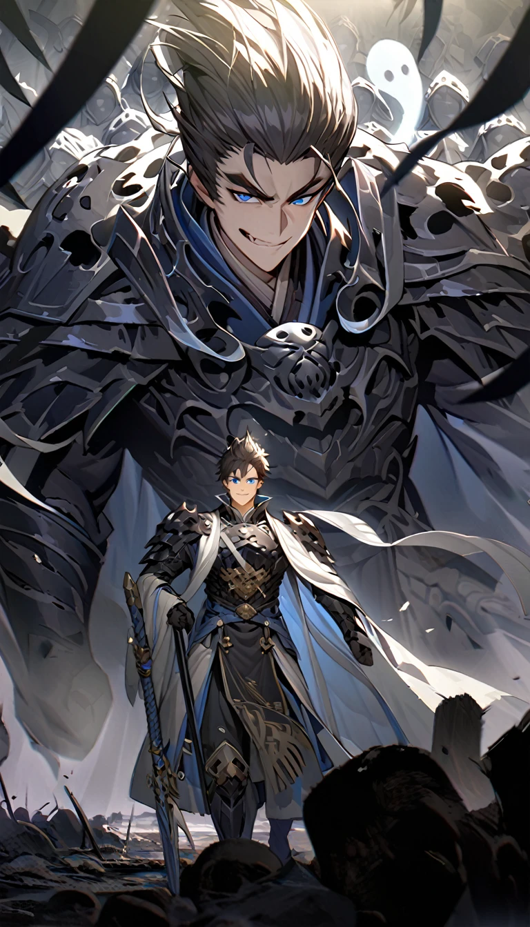 male black shadow ghost knight walking away from a battlefield, shadow, black, A quiet and charming young man, 30 years old, smile, gag, Portrait, Highly detailed face, 寒さとsmile, ((blue eyes)), ((ผมสั้นblack)), [Thick eyebrows], Black Knight Armor (เกราะblackล้วน) , ผ้าคลุมขนสัตว์black(Masterpiece,best quality,special, (Broad shoulders)) (muscle), male focus, Hand Held Weapons (Crescent repeater),Lipo,Fang Tian Hua Ji,High quality, สมจริงเป็นspecial,nonsense, height, Very detailed, HDR, Masterpiece, ใบหน้าและดวงตาที่มีรายVery detailed,ผม Quiff blackสั้นมี Soft Fringe, handsome , muscle, Facial expressions,อัศวินชุดblack, ghost knight, full body view, Facing the front, shadow อัศวิน, blue eyesเรืองแสง, black smoke, dark, Masterpiece, Masterpiece lighting ,