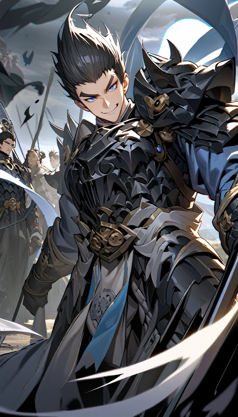 male black shadow ghost knight walking away from a battlefield, shadow, black, A quiet and charming young man, 30 years old, smile, gag, Portrait, Highly detailed face, 寒さとsmile, ((blue eyes)), ((ผมสั้นblack)), [Thick eyebrows], Black Knight Armor (เกราะblackล้วน) , ผ้าคลุมขนสัตว์black(Masterpiece,best quality,special, (Broad shoulders)) (muscle), male focus, Hand Held Weapons (Crescent repeater),Lipo,Fang Tian Hua Ji,High quality, สมจริงเป็นspecial,nonsense, height, Very detailed, HDR, Masterpiece, ใบหน้าและดวงตาที่มีรายVery detailed,ผม Quiff blackสั้นมี Soft Fringe, handsome , muscle, Facial expressions,อัศวินชุดblack, ghost knight, full body view, Facing the front, shadow อัศวิน, blue eyesเรืองแสง, black smoke, dark, Masterpiece, Masterpiece lighting ,