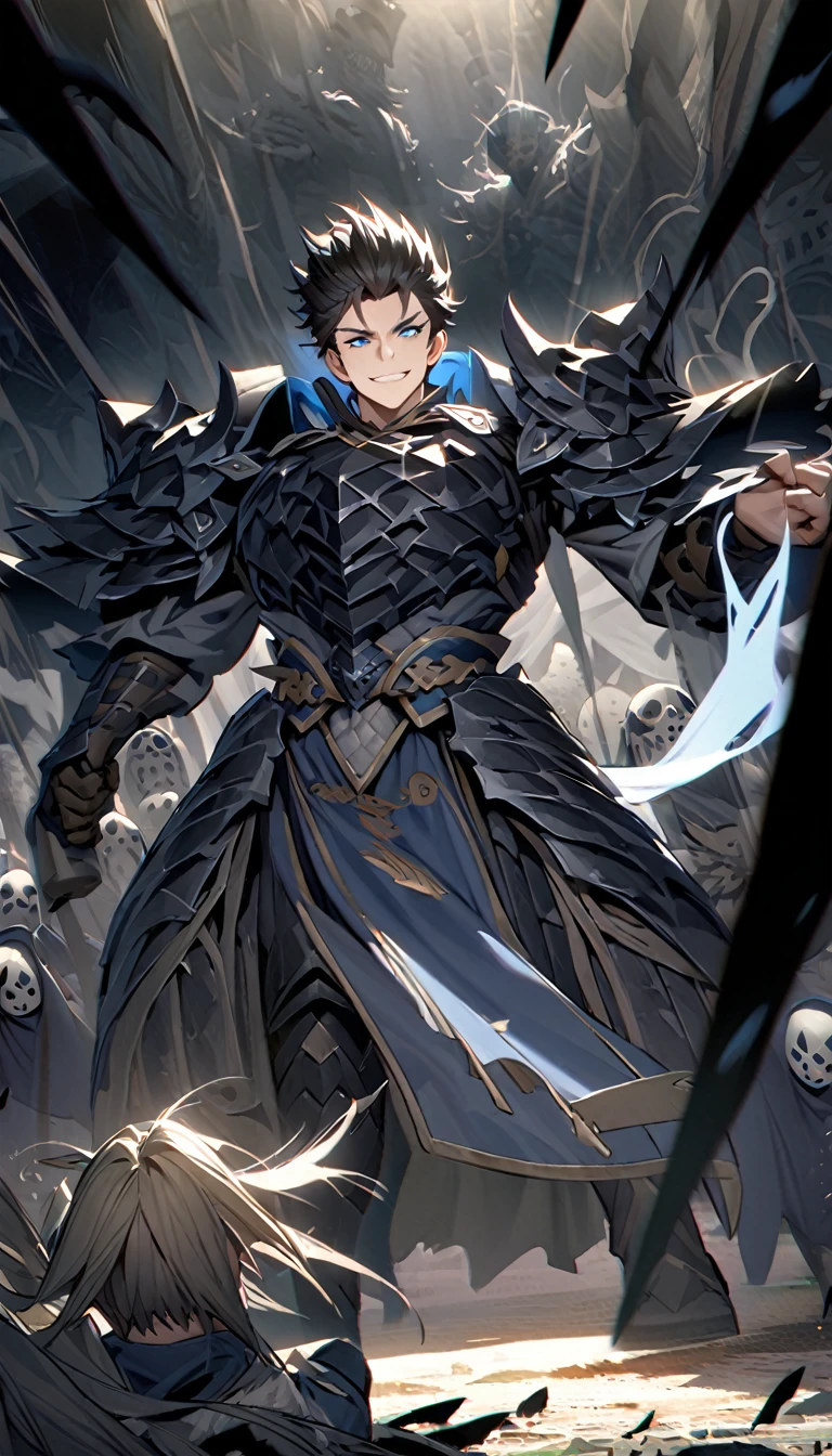 male black shadow ghost knight walking away from a battlefield, shadow, black, A quiet and charming young man, 30 years old, smile, gag, Portrait, Highly detailed face, 寒さとsmile, ((blue eyes)), ((ผมสั้นblack)), [Thick eyebrows], Black Knight Armor (เกราะblackล้วน) , ผ้าคลุมขนสัตว์black(Masterpiece,best quality,special, (Broad shoulders)) (muscle), male focus, Hand Held Weapons (Crescent repeater),Lipo,Fang Tian Hua Ji,High quality, สมจริงเป็นspecial,nonsense, height, Very detailed, HDR, Masterpiece, ใบหน้าและดวงตาที่มีรายVery detailed,ผม Quiff blackสั้นมี Soft Fringe, handsome , muscle, Facial expressions,อัศวินชุดblack, ghost knight, full body view, Facing the front, shadow อัศวิน, blue eyesเรืองแสง, black smoke, dark, Masterpiece, Masterpiece lighting ,