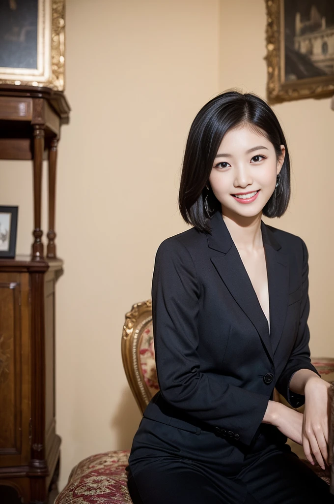 Pure young Japanese girl, wearing dark colors style suits, vivid makeup, natural black hair styles, sitting in antique in style rooms, sweet smile, professional portrait photography, midnight, 