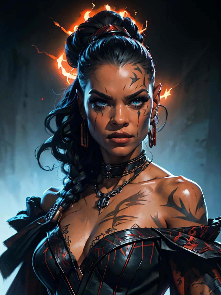 a female sith based on Zendaya, Star Wars, highly detailed cinematic fantasy portrait, black outlining, full color illustration, in the style of BORIS VALLEJO & JULIE BELL, masterpiece, 8k, ultra-detailed, physically-based rendering, vivid colors, dramatic lighting, intricate background, photorealistic
