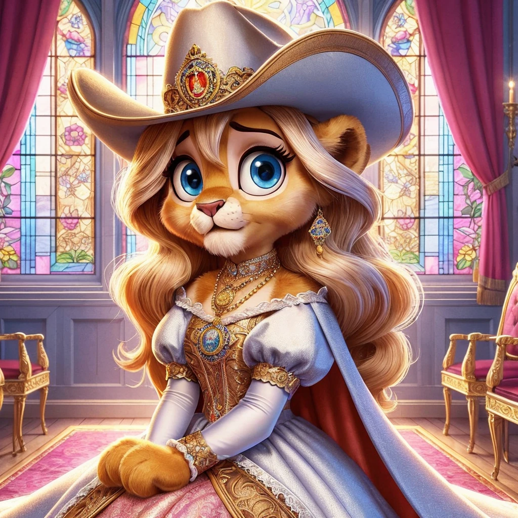 Anastasia Judy Minnie the royal lion cub princess in the royal coronation hall with stained glass windows, wearing a royal cowgirl suit with puffy sleeves, detailed with the royal seal, a long flowing cape, and a renaissance hat with a long feather, Disney cartoon illustration style, looking nervous with a royal pendant around her neck, with the gown falling down looking sexy and cute 
