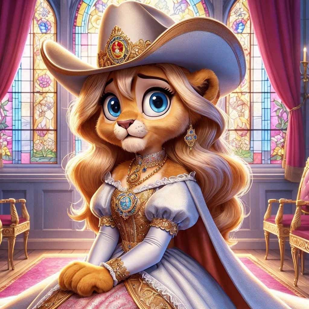 Anastasia Judy Minnie the royal lion cub princess in the royal coronation hall with stained glass windows, wearing a royal cowgirl suit with puffy sleeves, detailed with the royal seal, a long flowing cape, and a renaissance hat with a long feather, Disney cartoon illustration style, looking nervous with a royal pendant around her neck, with the gown falling down looking sexy and cute