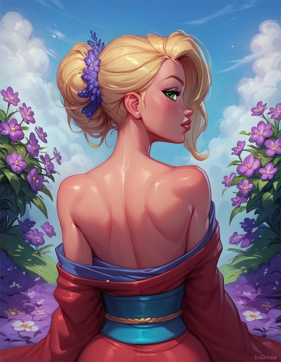 score_9, score_8_up, score_7_up, 1girl, , blonde hair, flowers, disney, source_cartoon, green eyes, red kimono, off shoulder, looking at viewer from behind  expressiveH 