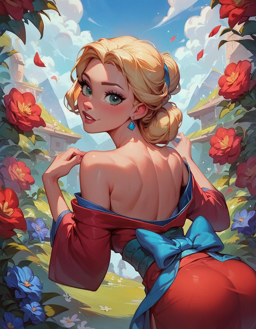 score_9, score_8_up, score_7_up, 1girl, , blonde hair, flowers, disney, source_cartoon, green eyes, red kimono, off shoulder, looking at viewer from behind expressiveH