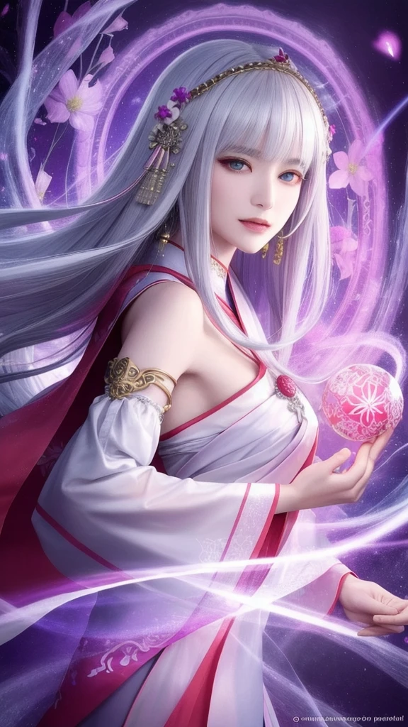 (masterpiece, top quality, 1 female, solo, exquisite details, chromatic aberration), (realistic), (skin), ((breathing)), (silver hair, blunt bangs, cropped straight long hair, short bangs, silver hair), beautiful hair, red headdress, highlights, hair on one eye, beautiful eyes, purple eyes, thick lips, earrings, piercing eyes, ((gold and white kimono)), ((symmetrical eyes)), ((perfectly symmetrical body)), ((perfectly symmetrical hands)), (purerosface_v1:0.3), full moon night, ((self, natural light))), bright lighting, flowers blooming in background, in front of viewer, ((central shot, from the front, (face and shoulders))), mysterious atmosphere, colorful flowers blooming around, bright colored background, shrine maiden in kimono, beautiful shrine maiden, Shrine maiden, fantasy female shrine maiden, female fortune telling shrine maiden, fantasy photography, Japanese style, elegant cinematic fantasy art, fantasy woman, sorceress portrait, powerful wizard surrounded by mystical colorful flowers, holding a glowing heart crystal ball, eyes glowing with mystical energy, spells leaking from her mouth, vibrant sorcery vortexes pulsating with rainbow hues appear in the air, magic permeates, flowers bloom, sacred creatures gaze in awe, threads of magical energy dance, reveal hidden realms, unravel secrets, capture the essence of this enchanting moment and bring to life the mystical power of sorcery on a canvas of the highest quality and finest detail. Top quality, masterpiece, ultra high resolution, (photorealistic: 1.4), RAW photo, sharp focus, high resolution, detailed skin.
Flowers blooming all around, bright colored background, fortune teller in kimono, beautiful fortune teller, fortune teller, fantasy female fortune teller, female fortune teller, fantasy photography, Japanese style, fortune teller in kimono, elegant cinematic fantasy art, fantasy woman, magician portrait, fortune teller, powerful wizard surrounded by mystical colorful flowers, holding a glowing heart c