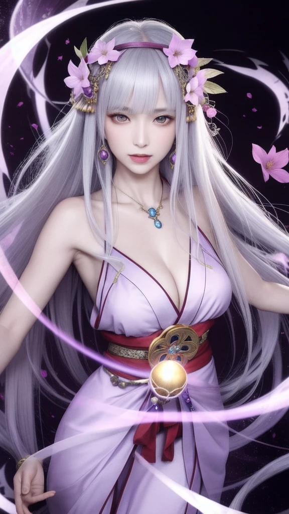 (masterpiece, top quality, 1 female, solo, exquisite details, chromatic aberration), (realistic), (skin), ((breathing)), (silver hair, blunt bangs, cropped straight long hair, short bangs, silver hair), beautiful hair, red headdress, highlights, hair on one eye, beautiful eyes, purple eyes, thick lips, earrings, piercing eyes, ((gold and white kimono)), ((symmetrical eyes)), ((perfectly symmetrical body)), ((perfectly symmetrical hands)), (purerosface_v1:0.3), full moon night, ((self, natural light))), bright lighting, flowers blooming in background, in front of viewer, ((central shot, from the front, (face and shoulders))), mysterious atmosphere, colorful flowers blooming around, bright colored background, shrine maiden in kimono, beautiful shrine maiden, Shrine maiden, fantasy female shrine maiden, female fortune telling shrine maiden, fantasy photography, Japanese style, elegant cinematic fantasy art, fantasy woman, sorceress portrait, powerful wizard surrounded by mystical colorful flowers, holding a glowing heart crystal ball, eyes glowing with mystical energy, spells leaking from her mouth, vibrant sorcery vortexes pulsating with rainbow hues appear in the air, magic permeates, flowers bloom, sacred creatures gaze in awe, threads of magical energy dance, reveal hidden realms, unravel secrets, capture the essence of this enchanting moment and bring to life the mystical power of sorcery on a canvas of the highest quality and finest detail. Top quality, masterpiece, ultra high resolution, (photorealistic: 1.4), RAW photo, sharp focus, high resolution, detailed skin.
Flowers blooming all around, bright colored background, fortune teller in kimono, beautiful fortune teller, fortune teller, fantasy female fortune teller, female fortune teller, fantasy photography, Japanese style, fortune teller in kimono, elegant cinematic fantasy art, fantasy woman, magician portrait, fortune teller, powerful wizard surrounded by mystical colorful flowers, holding a glowing heart c