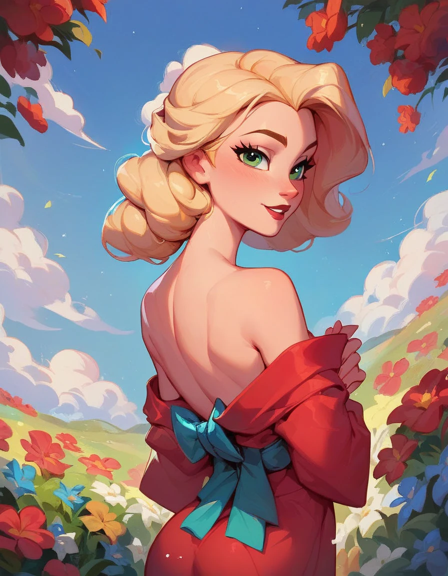 score_9, score_8_up, score_7_up, 1girl, , blonde hair, flowers, disney, source_cartoon, green eyes, red kimono, off shoulder, looking at viewer from behind expressiveH