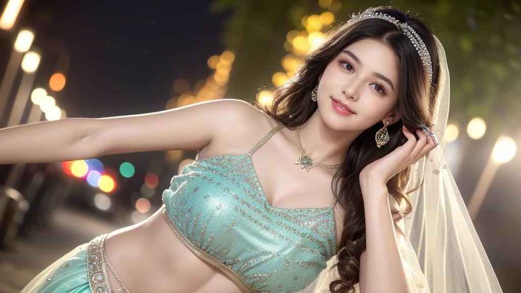 (((desi indian young 14 aged girl))), 14 years girl, cute and pretty face, natural skin, wearing hot Lehenga,choli and Dupatta dress, charming black hair, ((hair ends are blonde)), city streets background,(wearing simple jewellery), Super Round Big Young Breast, Pretty cute Navel, Soft Ovel Navel, Detailed pretty Navel, Navel Jewellery, Slender girl, bright light, long_hair, Bokeh, indian ,tree branch, colourfull, Glitter Seafoam color princess dress((choli:1.2,lehenga:1.2,dupatta:1.2), smile, pretty, cute, 4k, 8k, CG unity 8k wallpaper, depth of field, ray tracing, perfect figure, sweet round breasts, romantic Eyes, Romantic smile, Romantic Standing Angle, stylish curved angle, (one hand on hip another hand is playing with hair angle), Bright skin, glow face, glow skin,