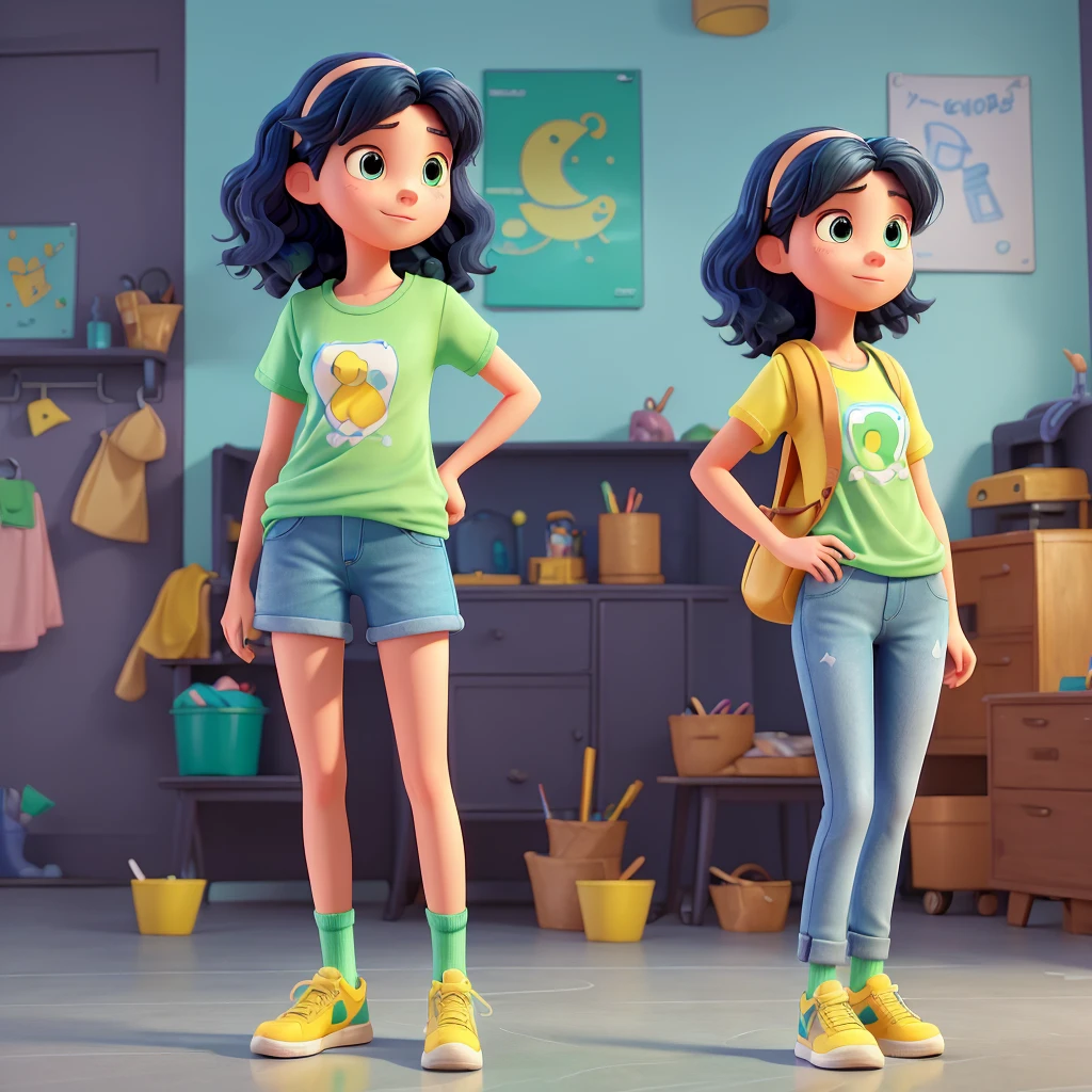 an illustration of a 22-year-old girl in Pixar-inspired 3D style/Disney. She has short, wavy navy blue hair., is wearing a green t-shirt, blue pants and yellow sneakers. The illustration must be highly detailed and show the character's entire body.