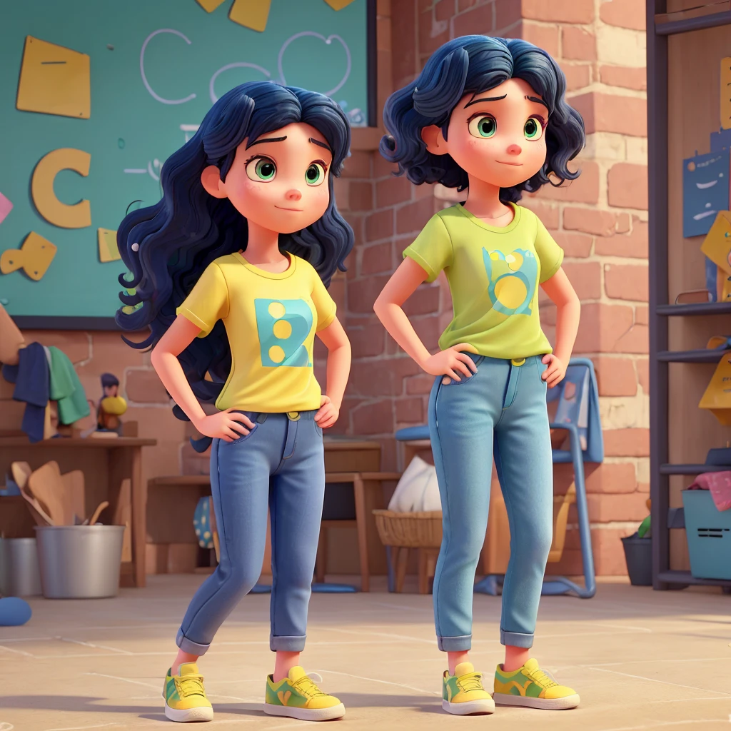 an illustration of a 22-year-old girl in Pixar-inspired 3D style/Disney. She has short, wavy navy blue hair., is wearing a green t-shirt, blue pants and yellow sneakers. The illustration must be highly detailed and show the character&#39;s entire body.