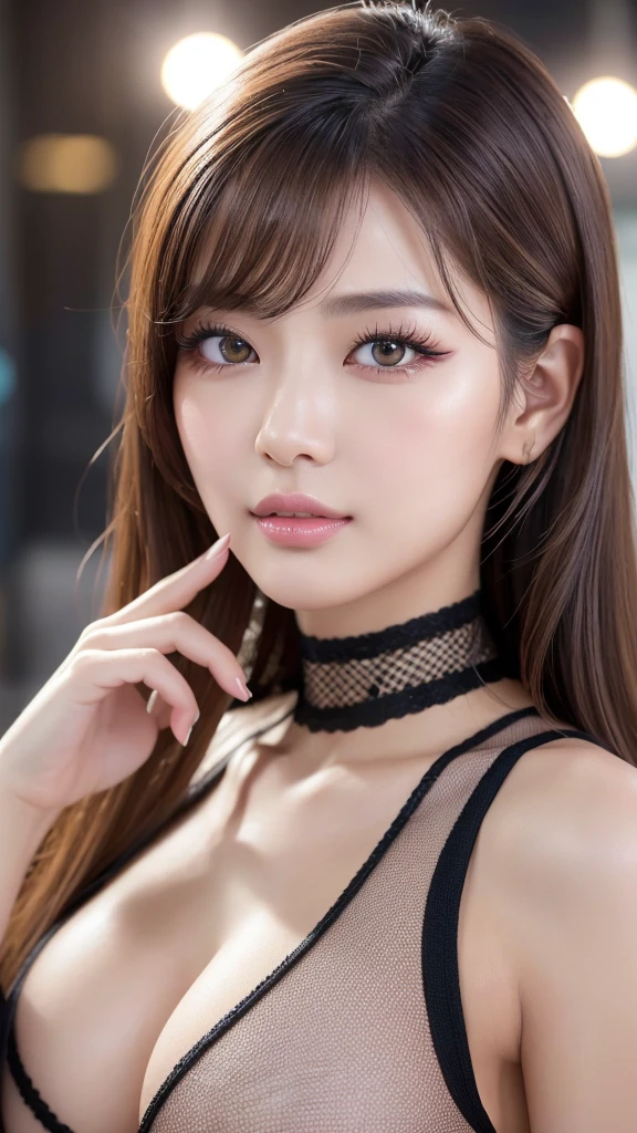 ((Highest quality、8K、masterpiece、Realistic live action:1.3))、Sharpness:1.2、Perfect body beauty:1.4、Slim Abs:1.2、((Mesh Hair Color、Big Breasts:1.2))、(Black Mini Dress:1.1)、(Night view、City:1.2)、Highly detailed face and skin texture、Fine particles、double eyelid、looking at the camera、((Beautiful Skin))Fashion Model、Moisturizing Skin、Shiny, beautiful skin, lip-syncing lips、Realistic live action、False eyelashes、Nail nails、Pink Cheeks, mascara, She is an agent、((With a bolt-action rifle))whole body