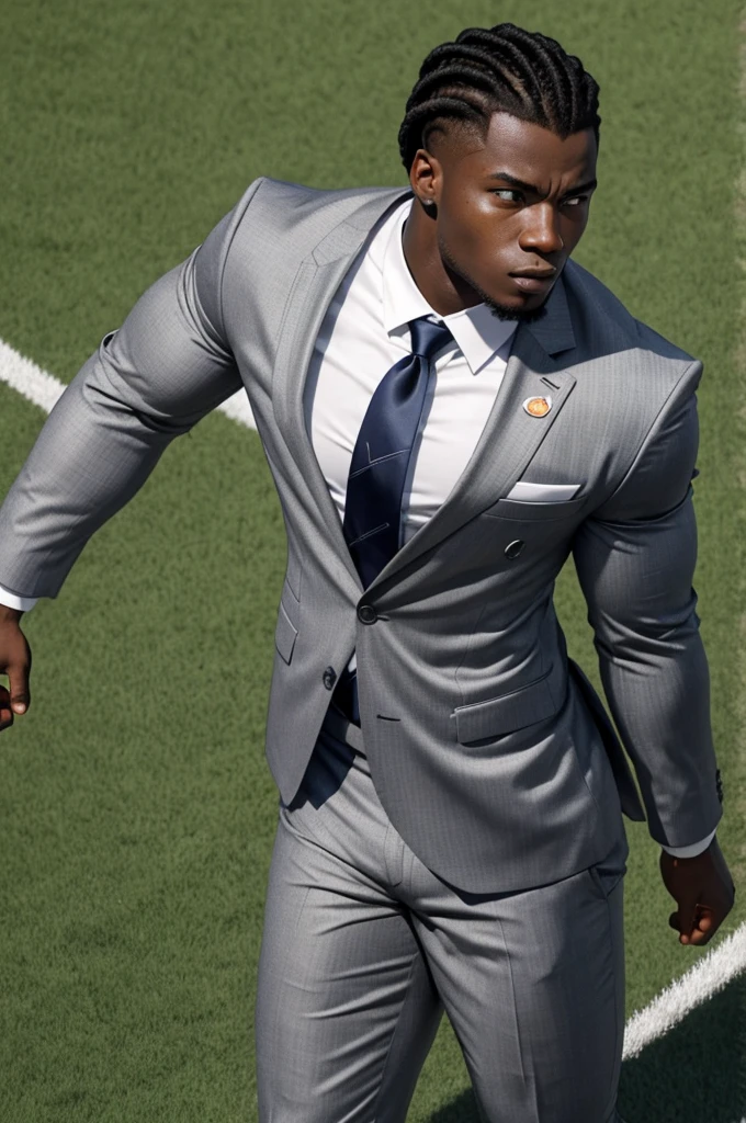 21 year old man from Congo, bulky muscular body, silver cornrow hair, strong, in gray business suit, on football field, heroic pose