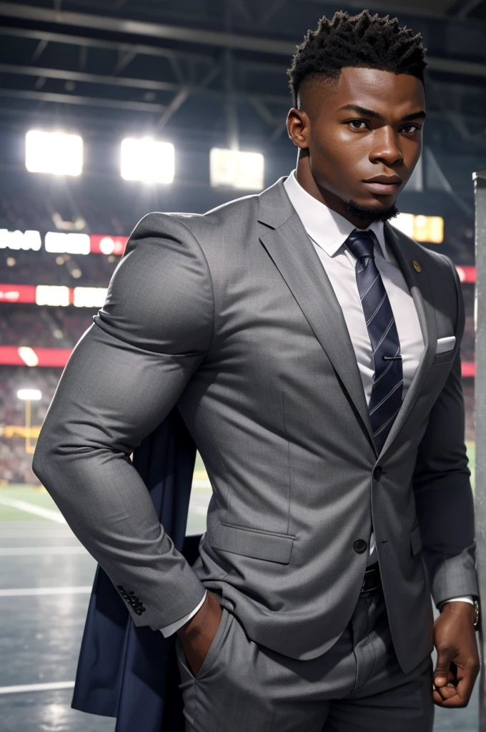 21 year old man from Congo, bulky muscular body, silver cornrow hair, strong, in gray business suit, on football field, heroic pose