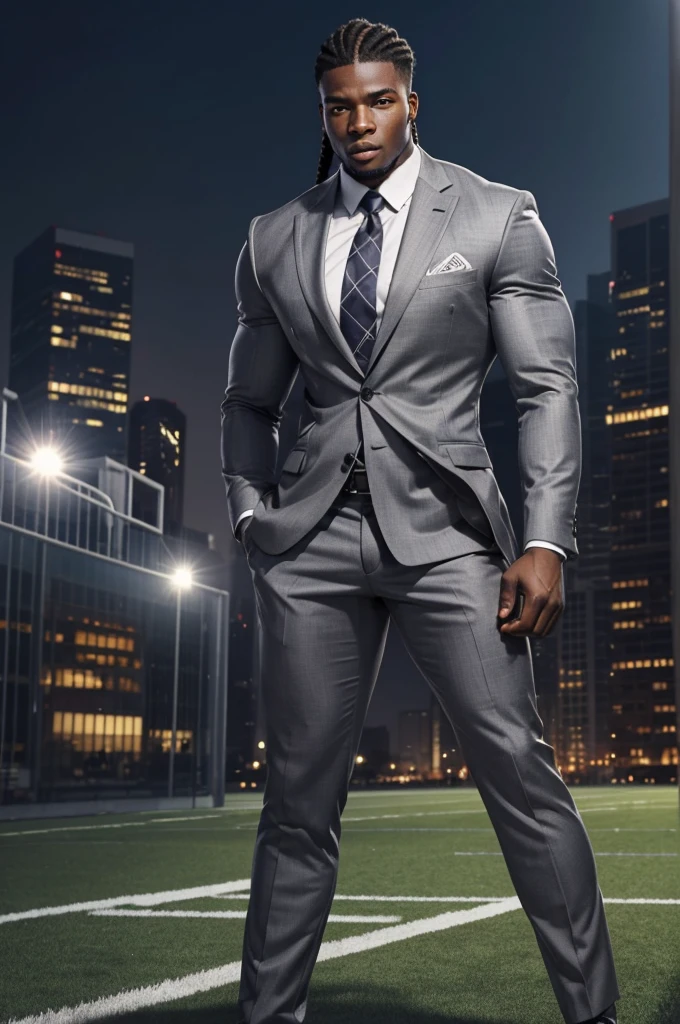 21 year old man from Congo, bulky muscular body, silver cornrow hair, strong, in gray business suit, on football field, heroic pose