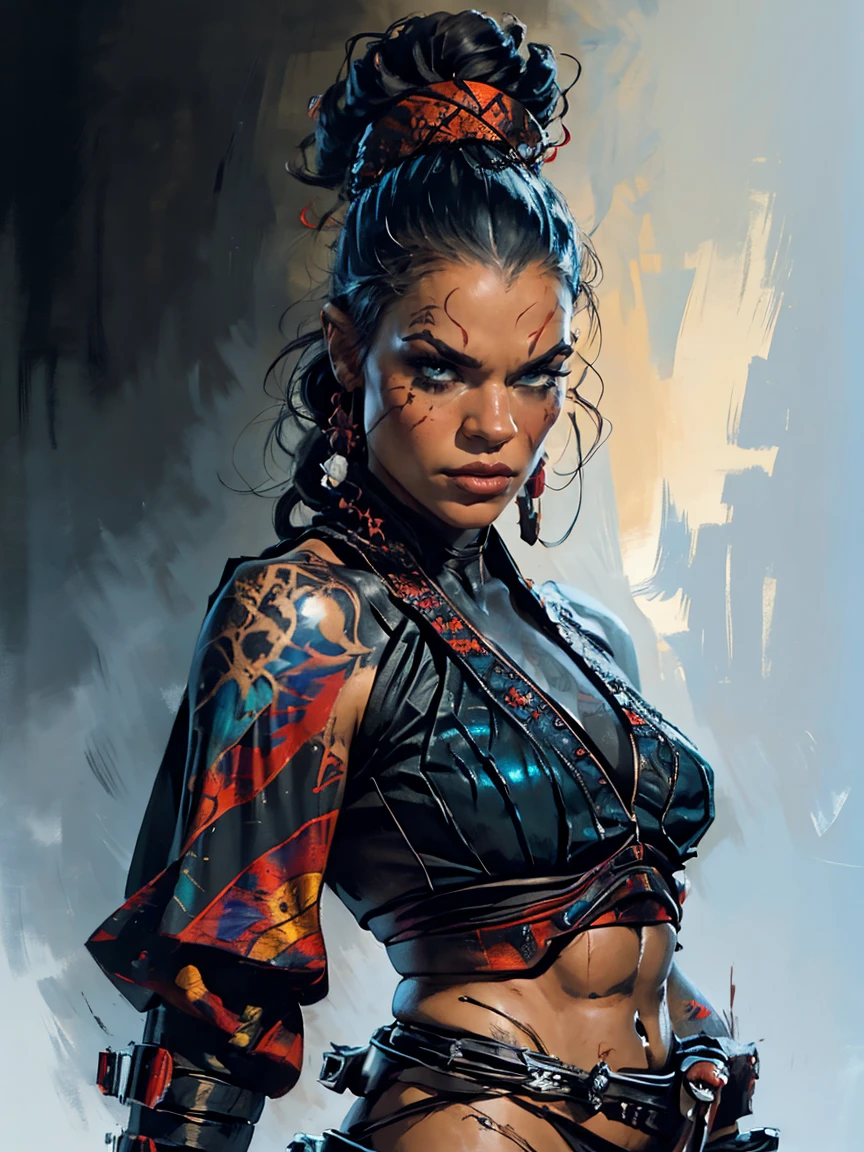 a female sith based on Zendaya, Star Wars, highly detailed cinematic fantasy portrait, black outlining, full color illustration, in the style of BORIS VALLEJO & JULIE BELL, masterpiece, 8k, ultra-detailed, physically-based rendering, vivid colors, dramatic lighting, intricate background, photorealistic