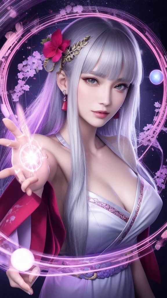 (masterpiece, top quality, 1 female, solo, exquisite details, chromatic aberration), (realistic), (skin), ((breathing)), (silver hair, blunt bangs, cropped straight long hair, short bangs, silver hair), beautiful hair, red headdress, highlights, hair on one eye, beautiful eyes, purple eyes, thick lips, earrings, piercing eyes, ((gold and white kimono)), ((symmetrical eyes)), ((perfectly symmetrical body)), ((perfectly symmetrical hands)), (purerosface_v1:0.3), full moon night, ((self, natural light))), bright lighting, flowers blooming in background, in front of viewer, ((central shot, from the front, (face and shoulders))), mysterious atmosphere, colorful flowers blooming around, bright colored background, shrine maiden in kimono, beautiful shrine maiden, Shrine maiden, fantasy female shrine maiden, female fortune telling shrine maiden, fantasy photography, Japanese style, elegant cinematic fantasy art, fantasy woman, sorceress portrait, powerful wizard surrounded by mystical colorful flowers, holding a glowing heart crystal ball, eyes glowing with mystical energy, spells leaking from her mouth, vibrant sorcery vortexes pulsating with rainbow hues appear in the air, magic permeates, flowers bloom, sacred creatures gaze in awe, threads of magical energy dance, reveal hidden realms, unravel secrets, capture the essence of this enchanting moment and bring to life the mystical power of sorcery on a canvas of the highest quality and finest detail. Top quality, masterpiece, ultra high resolution, (photorealistic: 1.4), RAW photo, sharp focus, high resolution, detailed skin.
Flowers blooming all around, bright colored background, fortune teller in kimono, beautiful fortune teller, fortune teller, fantasy female fortune teller, female fortune teller, fantasy photography, Japanese style, fortune teller in kimono, elegant cinematic fantasy art, fantasy woman, magician portrait, fortune teller, powerful wizard surrounded by mystical colorful flowers, holding a glowing heart c