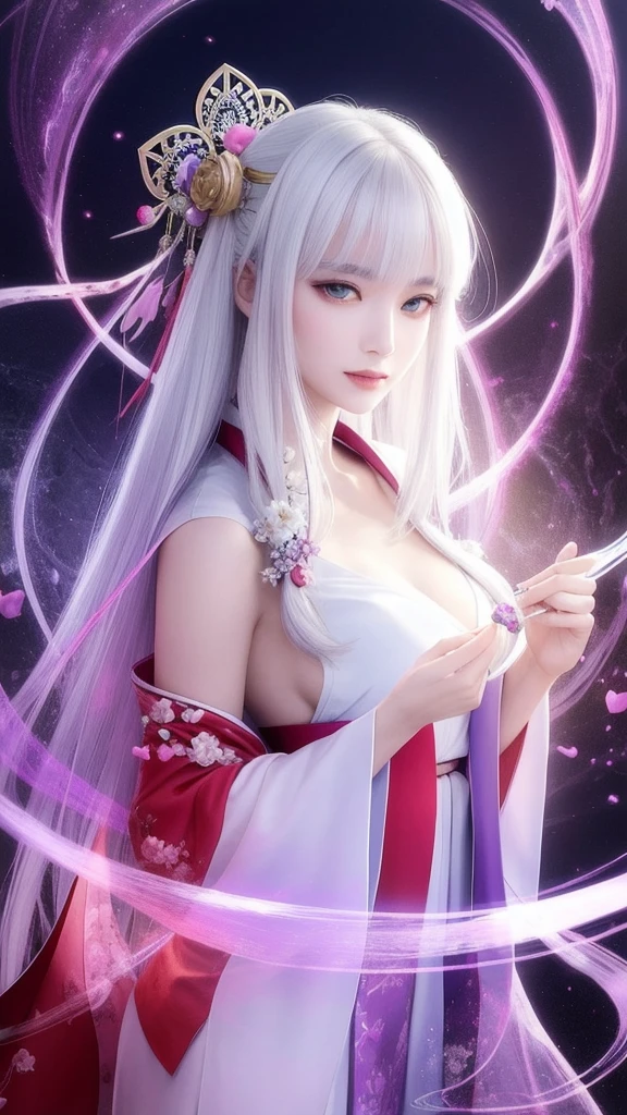 (masterpiece, top quality, 1 female, solo, exquisite details, chromatic aberration), (realistic), (skin), ((breathing)), (silver hair, blunt bangs, cropped straight long hair, short bangs, silver hair), beautiful hair, red headdress, highlights, hair on one eye, beautiful eyes, purple eyes, thick lips, earrings, piercing eyes, ((gold and white kimono)), ((symmetrical eyes)), ((perfectly symmetrical body)), ((perfectly symmetrical hands)), (purerosface_v1:0.3), full moon night, ((self, natural light))), bright lighting, flowers blooming in background, in front of viewer, ((central shot, from the front, (face and shoulders))), mysterious atmosphere, colorful flowers blooming around, bright colored background, shrine maiden in kimono, beautiful shrine maiden, Shrine maiden, fantasy female shrine maiden, female fortune telling shrine maiden, fantasy photography, Japanese style, elegant cinematic fantasy art, fantasy woman, sorceress portrait, powerful wizard surrounded by mystical colorful flowers, holding a glowing heart crystal ball, eyes glowing with mystical energy, spells leaking from her mouth, vibrant sorcery vortexes pulsating with rainbow hues appear in the air, magic permeates, flowers bloom, sacred creatures gaze in awe, threads of magical energy dance, reveal hidden realms, unravel secrets, capture the essence of this enchanting moment and bring to life the mystical power of sorcery on a canvas of the highest quality and finest detail. Top quality, masterpiece, ultra high resolution, (photorealistic: 1.4), RAW photo, sharp focus, high resolution, detailed skin.
Flowers blooming all around, bright colored background, fortune teller in kimono, beautiful fortune teller, fortune teller, fantasy female fortune teller, female fortune teller, fantasy photography, Japanese style, fortune teller in kimono, elegant cinematic fantasy art, fantasy woman, magician portrait, fortune teller, powerful wizard surrounded by mystical colorful flowers, holding a glowing heart c