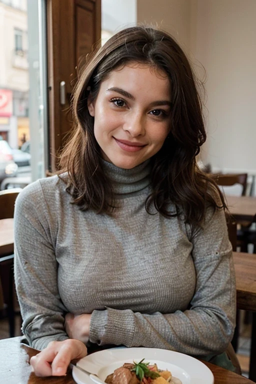 Beautiful woman, Scrawny, healthy, happy expression, satisfied with the body, dressed in jeans and a cold coat and wearing a turtleneck underneath, fashionable clothes of the year 2024, ela está em Maison de La Truffe um restaurante chic em Paris, posing for a photo sitting on the chair near her table with a typical French dish, chestnut velouté with duck foie gras, and smiling, Photo to post on Instagram, face detailed, gorgeous eyes, beautiful lips, detailed hair, athletic body, natural lighting, dynamic pose, clean background, swirly vibrant colors, cinematic lighting, high qualiy, photorrealistic, chic, dynamic, mighty