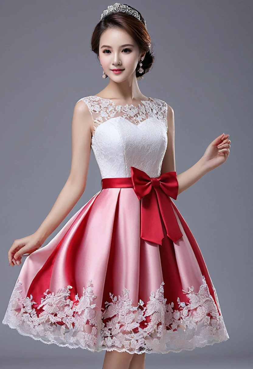 Please design an attractive  beautiful 
woman' party dress considering the following parameters:

1. Color: Red, Pink, Blue
2. Length: Short, Midi, Long
3. Fabric: Satin, Silk, Tulle
4. Details: Lace, Bow, Belt
5. Occasion: Wedding, Party, Birthday

The design should be appealing, modern, and suitable for young girls.