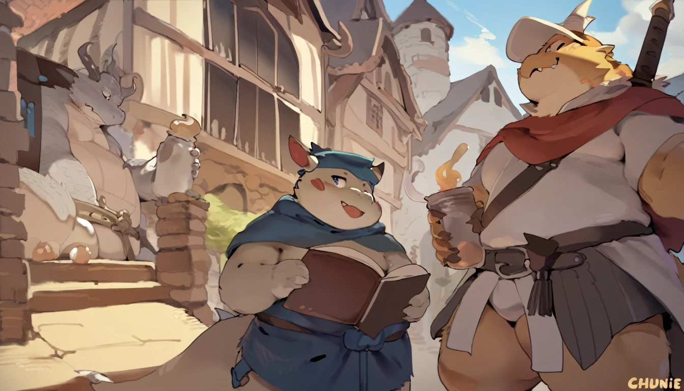 Dragon,male, adult,antrho,furry,doujinshi,yaoi, kemoket, fat, chubby, swordsman Adventurer, medieval era,medieval city, Chill vibes, fantasy, isekai, adventure,magic, three point perspective, colour full, Ghibli studio art style,hd,4k, masterpiece,(design character by quanjiang, by chunie)