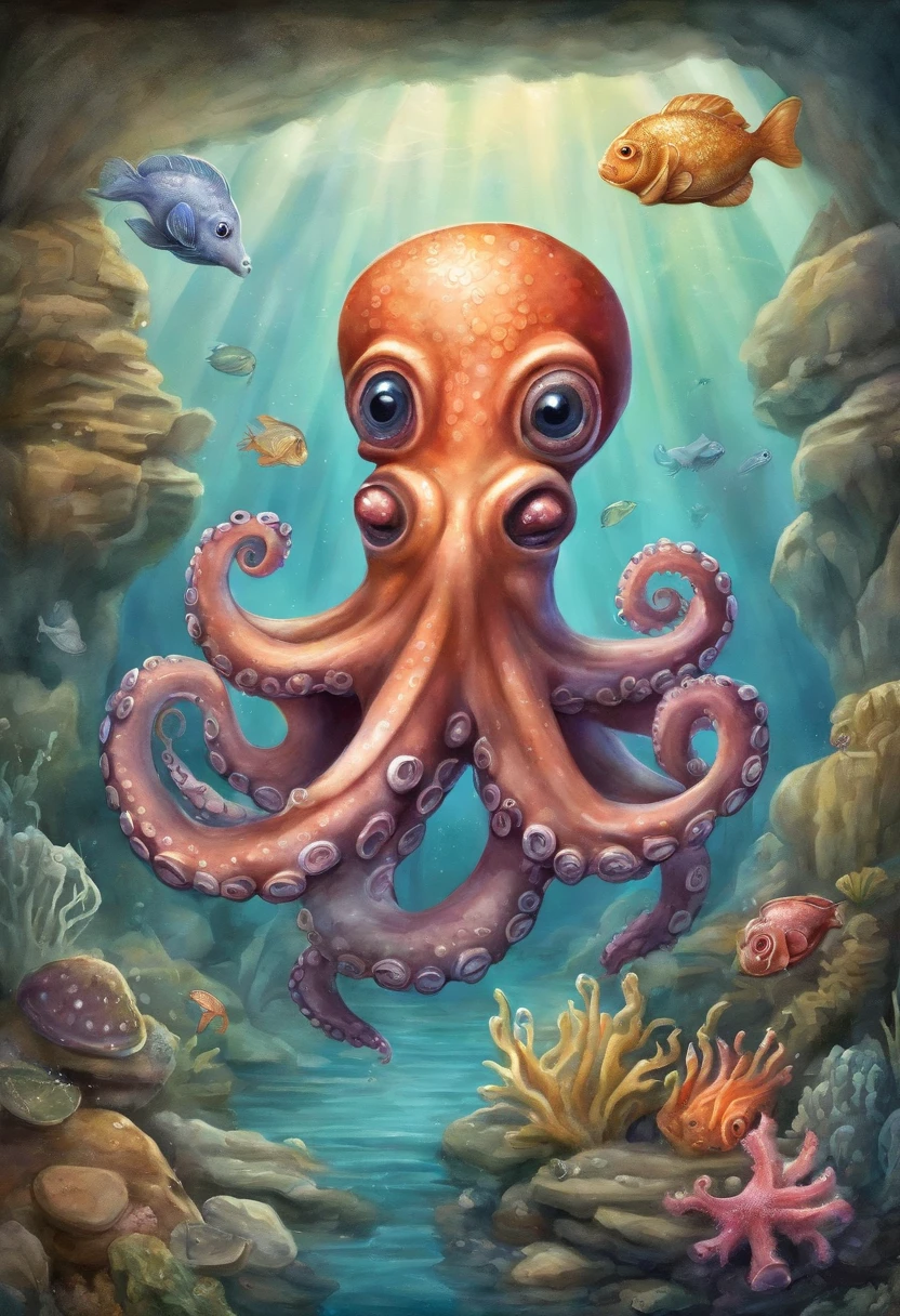 ((octopus choking a fish, garbage pail kids style)), under water, coral reef in background, 3d cartoon, high quality, detailed,