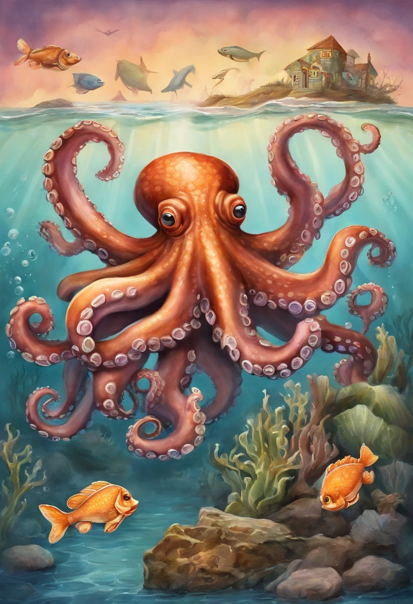 ((octopus choking a fish, garbage pail kids style)), under water, coral reef in background, 3d cartoon, high quality, detailed,