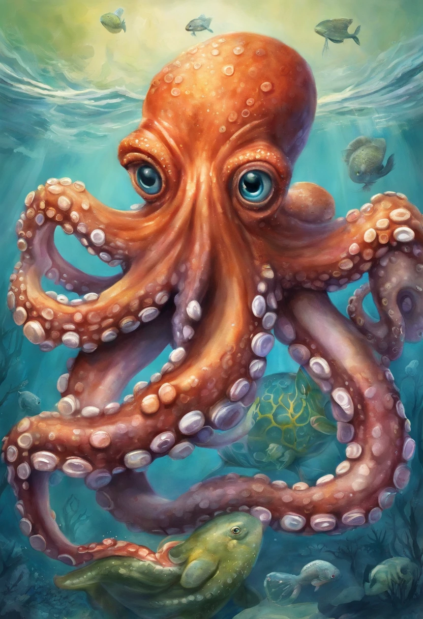 ((octopus choking a fish, garbage pail kids style)), under water, coral reef in background, 3d cartoon, high quality, detailed,