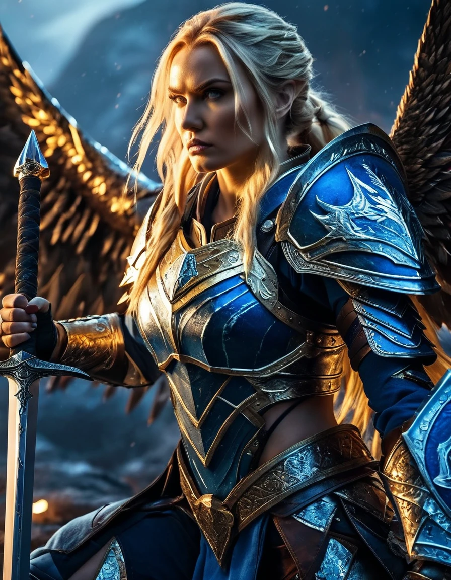 Masterpiece, 4k, angle female warrior, beautiful woman, stabbing an orc with a sword, long blonde hair, halo, blue and gold armor, wings, blood