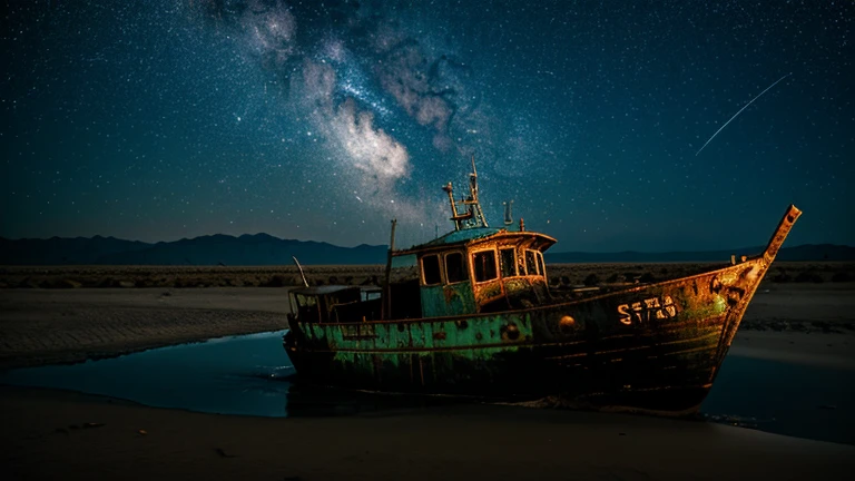 a rusty fishing vessel abandoned in the desert under the starry sky of a very dark night, bluish tone, hdr, 35mm, aerial view