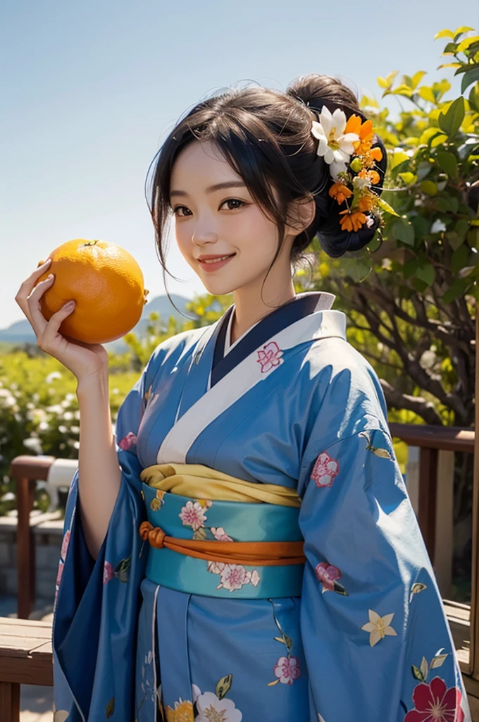 A beautiful smiling woman in a kimono holding a bunch of oranges under a blue sky
