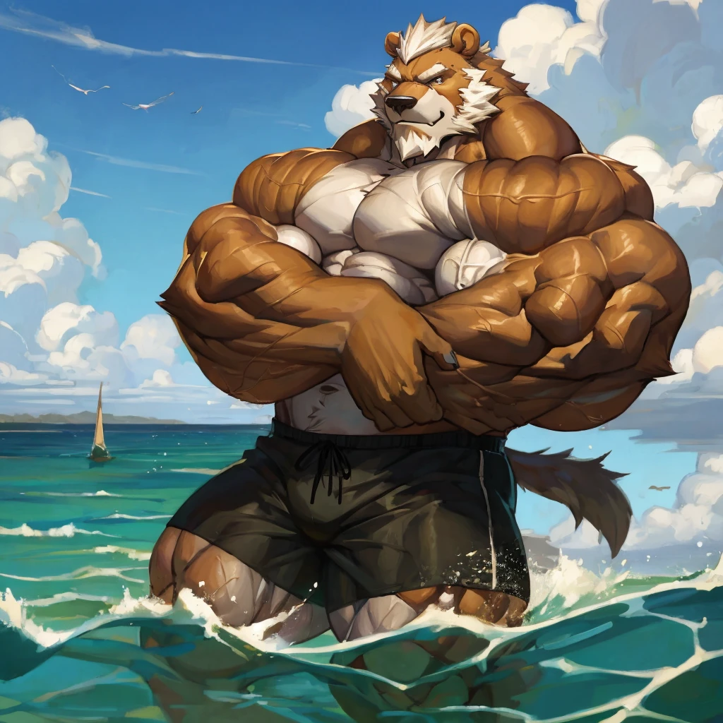 a huge muscular furry polar bear old man swimming in sea, huge shoulder muscle , shirtless, muscle, strong man, huge muscle, huge white fur, short hair, bearded, white hair and beard, wrinkles skinned, black short trunks, strong muscle, strong and intimidated, masterpiece, muscular, commission for high res, male, fantasy art, very very beautiful art, art painting , painting art