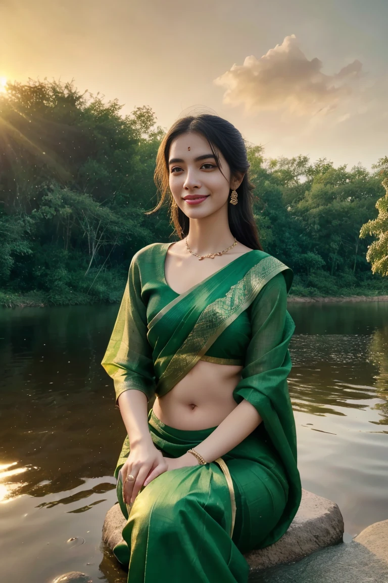 "Generate an [ hyper realistic 8k ]image of a breathtaking woman in a vibrant green saree, seated beside a serene river. She playfully dips her hand into the water, creating mesmerizing ripples that reflect the golden hues of the setting sun. Her expression is one of joy and wonder, as she engages with the natural beauty around her, embodying grace and serenity."
