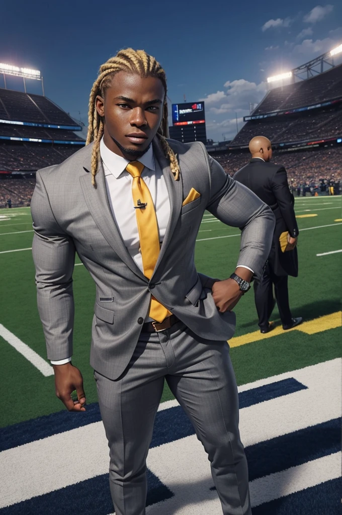 21 year old man from Congo, bulky muscular body, blonde dreadlock hair, strong, in gray business suit, on football field, heroic pose