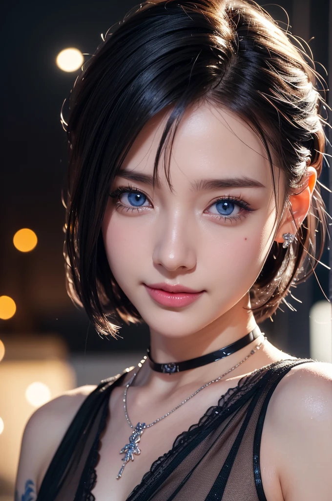 masutepiece, Best Quality, High quality, Extremely Detailed CG Uniform 8k Wallpaper, 1girl in, solo, black to blue hair, The tattoo, Short hair, Jewelry, Smile, Necklace, gaze at the audience, Realistic, Open mouth, tooth, Upper body, vests, Nose, Bare shoulders, artist name, clavicle, arm tattoos, blue eyes, Lips, blur, Oil Painting, awardwinning photo, bokeh, depth of fields, nffsw, bloom, chromatic abberation, Realism, Very detailed, Art Station Complex, high detailing, Dramatic, Art by Midjourney, A smile, Black mini dress with open chest